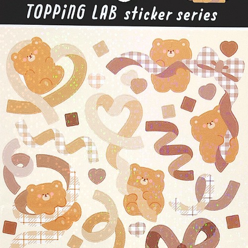 [씰] 토핑 랩 컨페티 스티커 : 반짝이 곰돌이 체크 (브라운)